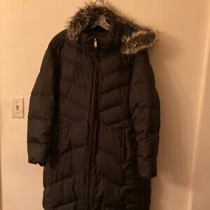 Lands' End Women's Black Down Winter Coat, Faux Fur Trimmed Hood, Plus Size 2X